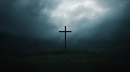 Naklejka premium Good friday blessings, Dark silhouette of a cross, moody and atmospheric setting, highlighting themes of faith and reflection, with space for text.