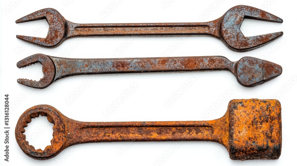 Poster three vintage wrenches displaying rust and weathering on white backdrop in a flat lay style tool col