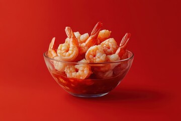 Delicious Cooked Shrimp In A Clear Glass Bowl On Red