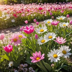 Obraz premium Springtime Garden Path with Pink Tulips and Daisies