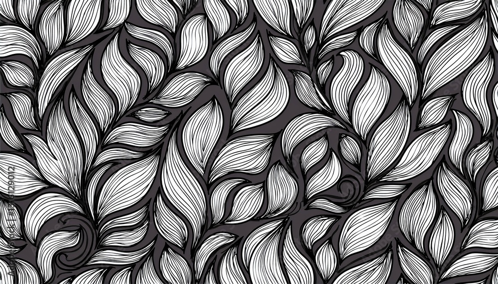 Poster vector seamless pattern with leaves and curls. monochrome abstract floral background. stylish monoch