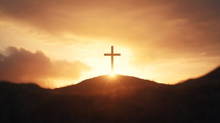 Good friday blessings, Golden sunrise emerging behind hills, vibrant colors illuminating the sky, serene landscape inviting reflection and tranquility.