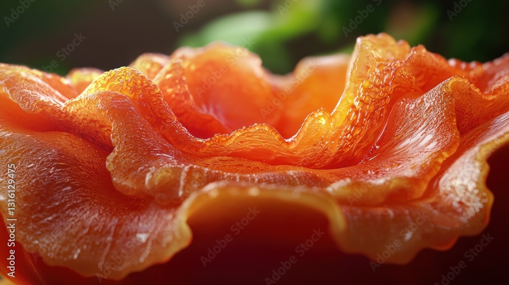 Poster close-up of a vibrant orange, translucent, flower-like structure with intricate textures and soft li