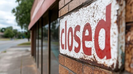 Weathered "closed" sign affixed to an abandoned brick building, reflecting a unique charm on a quiet street corner.