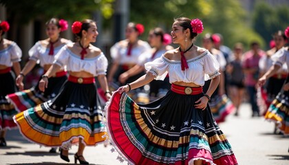 Mexican celebration, Cinco de Mayo, vibrant folk dancers in traditional costumes