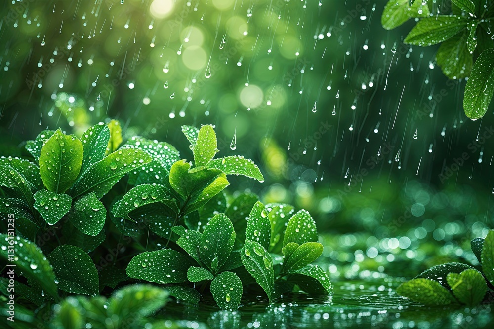 Poster vibrant spring background with shimmering green leaves and raindrops in a soft focus setting