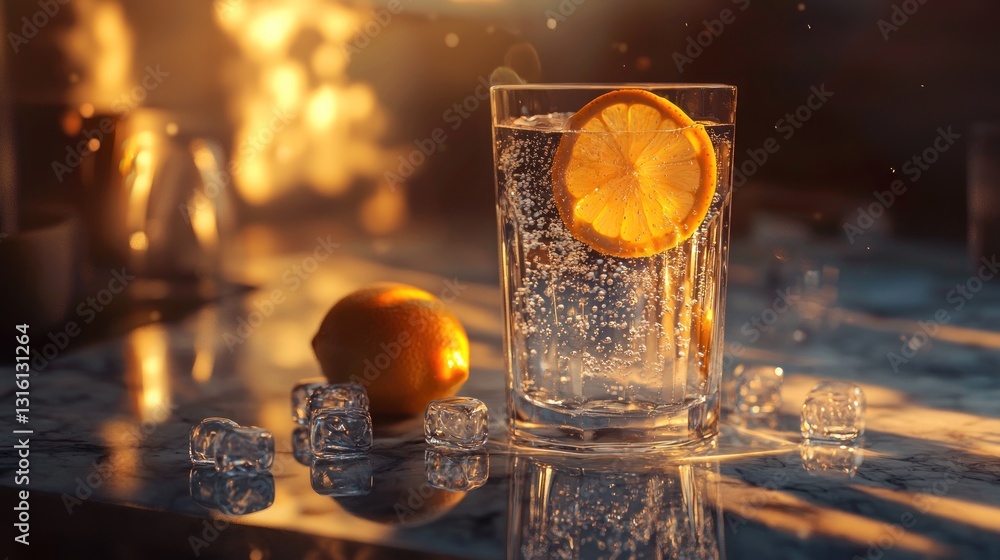 Aufkleber sparkling water with lemon slice and ice on a table.
