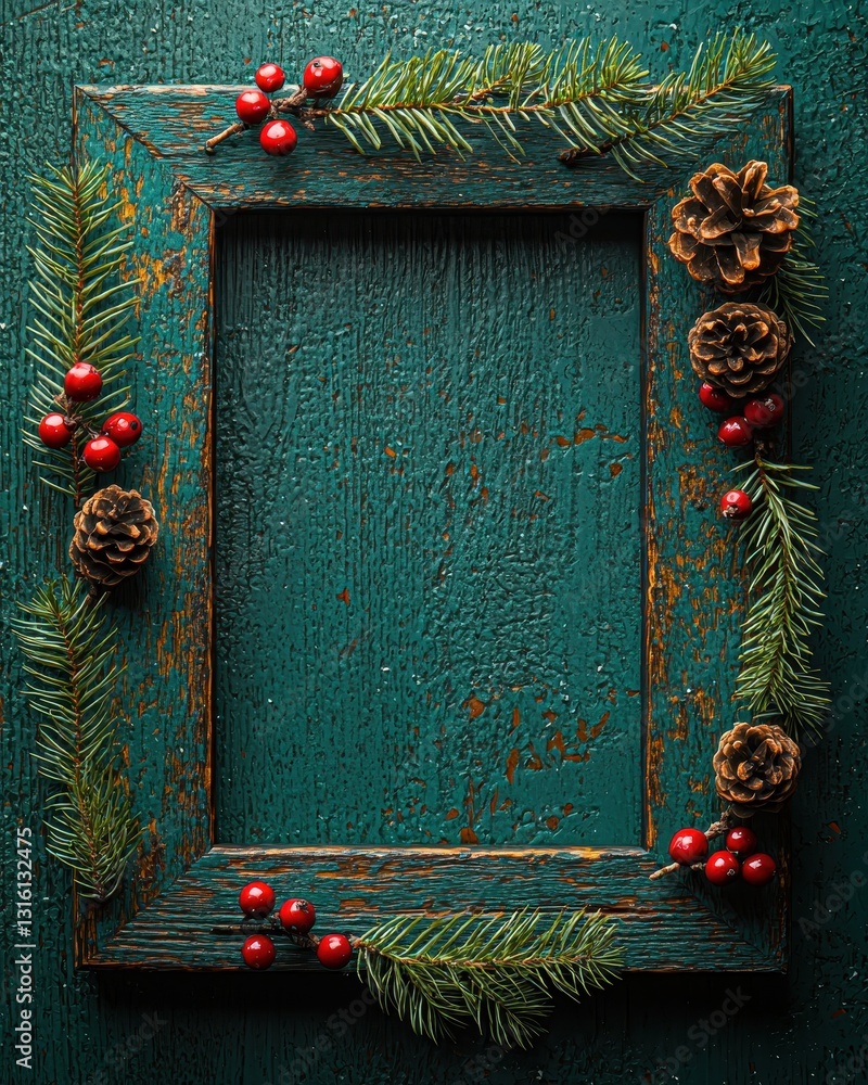 Poster a close-up view of an ornate frame adorned with natural elements, featuring intricate pine cones and