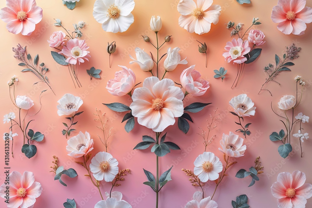 Poster elegant ethereal floral patterns on soft peach gradient background for stunning design