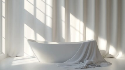 Modern bathtub in minimalist white bathroom with sunlight streaming through window and curtains.