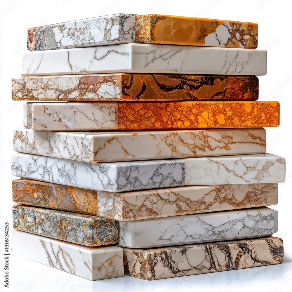 Aufkleber stack of multicolored marble slabs with varying patterns and textures, photographed against a bright