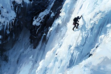 A brave ice adventurer is climbing a chilly cascade of ice, decked out in cool climbing gear