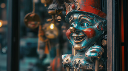 Fototapeta premium Vintage clown doll in antique shop window with nostalgic atmosphere
