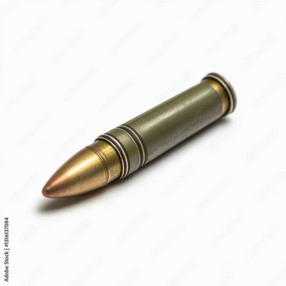 Poster close up view of a single bullet cartridge on a white background. the bullet is primarily olive gree