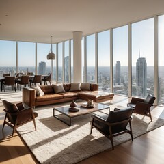 Fototapeta premium Luxurious Modern Apartment Living Room with City View