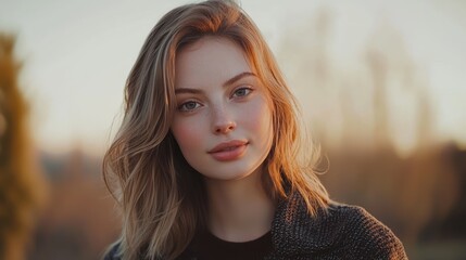 Obraz premium Young woman portrait, blonde hair, sunset.