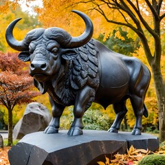 Fototapeta premium Majestic Black Bull Sculpture in Autumnal Setting
