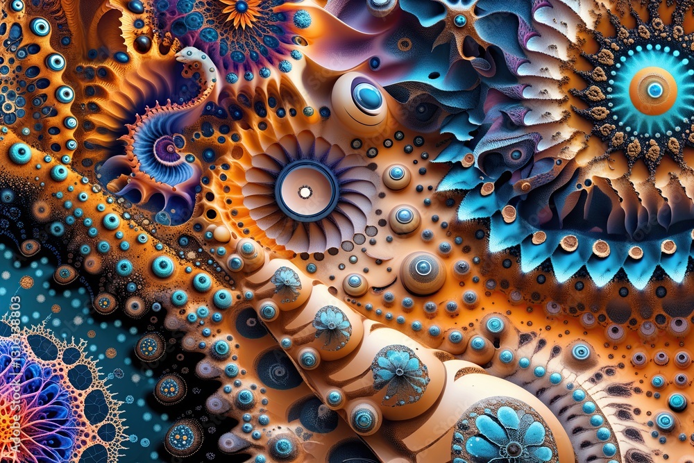 Poster intricate fractal patterns and blended dots in diverse earthy textures