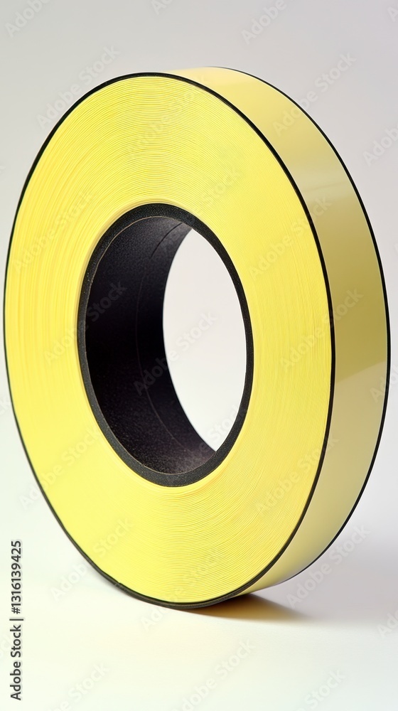 Aufkleber close up view of a pale yellow ring shaped object with a black inner core, set against a bright whit