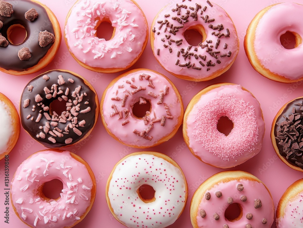 Aufkleber delightful array of assorted donuts on pink background top view capturing sweet indulgence and color