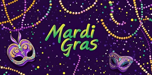 Fototapeta premium Mardi Gras festival celebration background with modern design elements including beads, borders, calligraphy, logos, masks, and illustrations for decorations, web pages, advertisements, and social