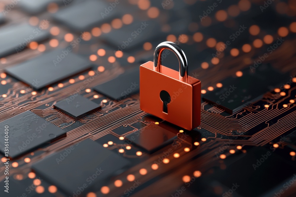 Poster digital padlock on a circuit board representing cybersecurity and protection.