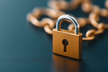Naklejka premium A golden padlock on a chain against a dark background.