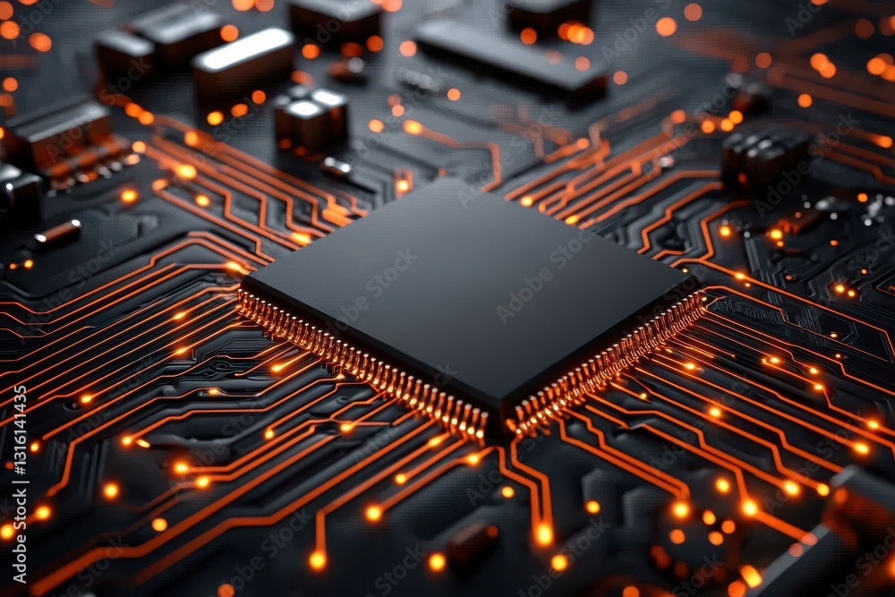 Poster close-up of a circuit board with glowing orange lines and a black chip.