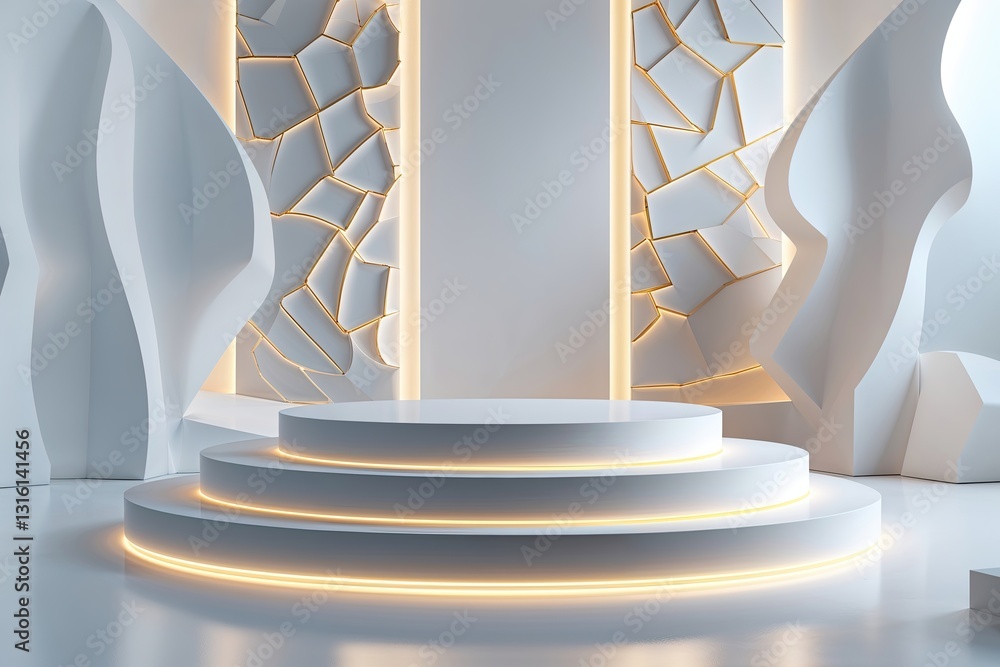 Poster elegant 3d platform with tranquil white background featuring opulent layered shapes and vibrant acce