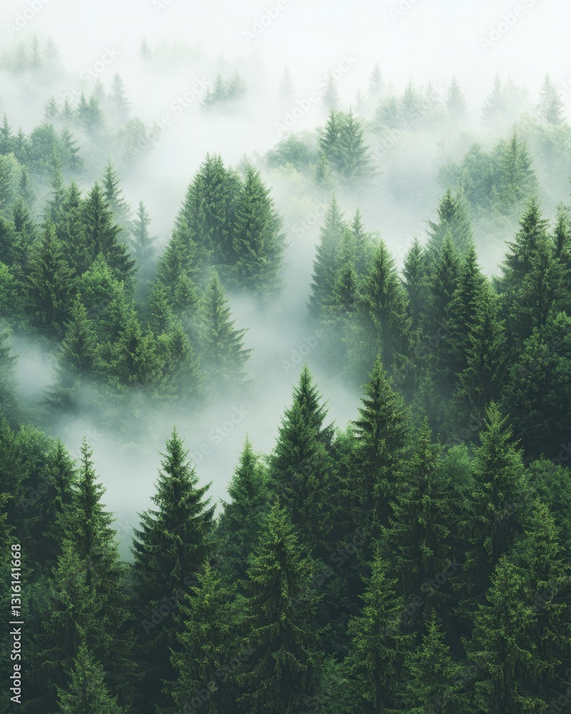 Poster aerial view of a dense evergreen forest shrouded in ethereal mist creating a serene and atmospheric 