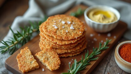 Delicious savory crackers arranged on a rustic wooden board with dips and garnishes