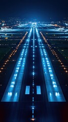 Aerial View of Illuminated Airport Runway at Night with Airplanes and City Lights in the Distance Creating a Moody Atmosphere