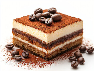 Tiramisu Delight: A delicious tiramisu dessert, garnished with coffee beans, presenting a rich and layered texture, perfect for a gourmet indulgence.