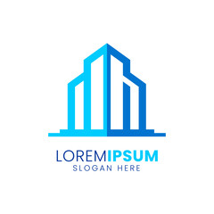 Real estate company logo with house building and city elements