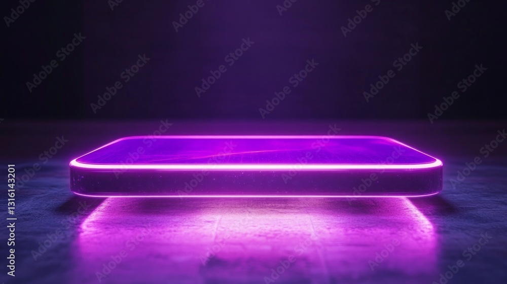 Poster a bold and striking platform floats above a dark floor, bathed in a captivating purple glow. the sce