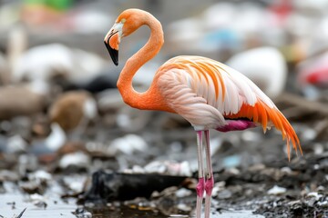 Fototapeta premium Flamingo Standing Gracefully in Polluted Wetland Surrounded by Debris and Waste Materials