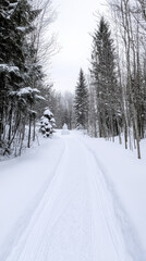 Obraz premium Snowy path through forest leading to snowman on winter day