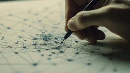 Hand drawing complex network diagram on paper.