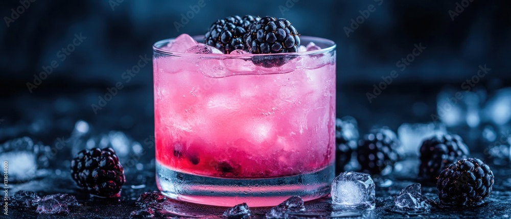 Poster refreshing blackberry cocktail with ice cubes on a dark background in a low angle shot creating a mo
