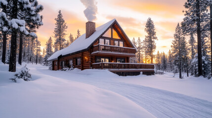 Cozy log cabin in snowy forest at sunset with smoke from chimney