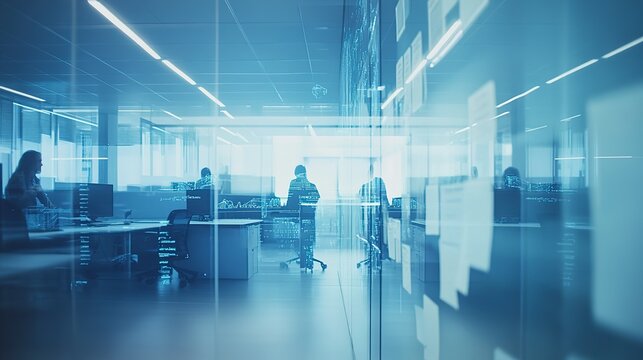 A Team Of Tech Professionals Collaborating In A Modern, Bright Office Space, Their Silhouettes Overlaid With Flowing Lines Of Code, Symbolizing Innovation And Technological Advancement In A Cool Blue