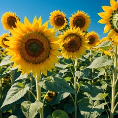 Fototapeta premium Sunflowers in a Field under Blue Sky