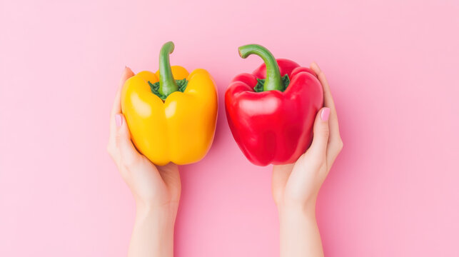 Hands holding fresh yellow and red bell peppers against pink background