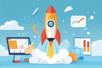 A business growth concept with a rocket launch, signaling the success of a startup powered by digital technology and online marketing strategies.