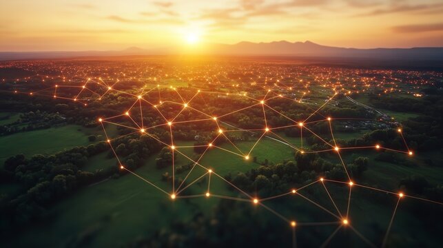 An overhead perspective of land with network markers, symbolizing land development strategy and connectivity.