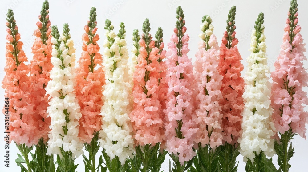 Aufkleber pastel snapdragon flowers in a row against a white background in a studio setting with soft light an
