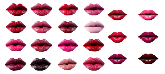 Collection of glossy lips with various shades of lipstick isolated on transparent background 