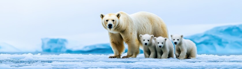 Fototapeta premium Polar bear mother with cubs on a shrinking glacier, depicting the effects of climate change