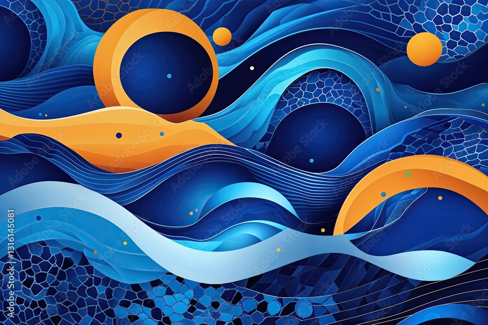 Poster dynamic blue abstract wallpaper featuring geometric waves and circular patterns