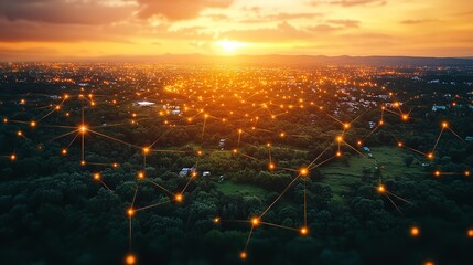 An overhead perspective of land with network markers, symbolizing land development strategy and connectivity.